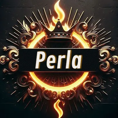 Diseño circular real con adornos dorados, llama de fuego detrás de una corona negra pequeña y nombre en blanco. - Perla