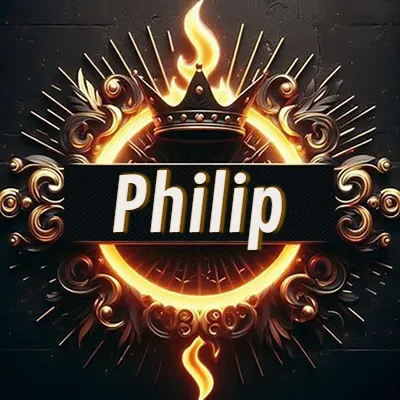 Diseño circular real con adornos dorados, llama de fuego detrás de una corona negra pequeña y nombre en blanco. - Philip