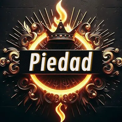 Diseño circular real con adornos dorados, llama de fuego detrás de una corona negra pequeña y nombre en blanco. - Piedad