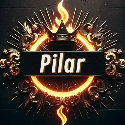 Diseño circular real con adornos dorados, llama de fuego detrás de una corona negra pequeña y nombre en blanco. - Pilar