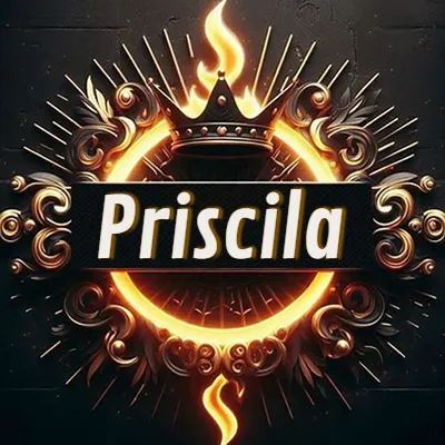 Diseño circular real con adornos dorados, llama de fuego detrás de una corona negra pequeña y nombre en blanco. - Priscila