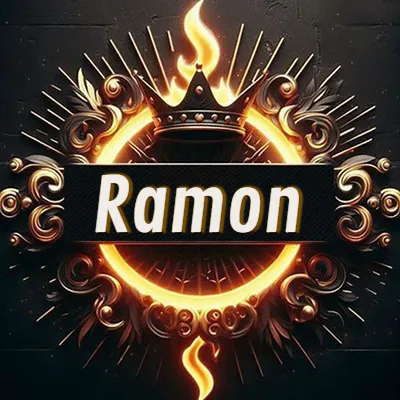 Panel artístico circular con una llama dorada y una corona negra en el centro, rodeado de ornamentos espirales dorados entrelazados que emanan una luz cálida sobre un fondo de muro de piedra oscura. El nombre Ramon está escrito en blanco destacado dentro de un rectángulo negro horizontal que cruza la mitad del diseño circular. Panel artístico circular con una llama dorada y una corona negra en el centro, rodeado de ornamentos espirales dorados entrelazados que emanan una luz cálida sobre un fondo de muro de piedra oscura. El nombre Ramon está escrito en blanco destacado dentro de un rectángulo negro horizontal que cruza la mitad del diseño circular.