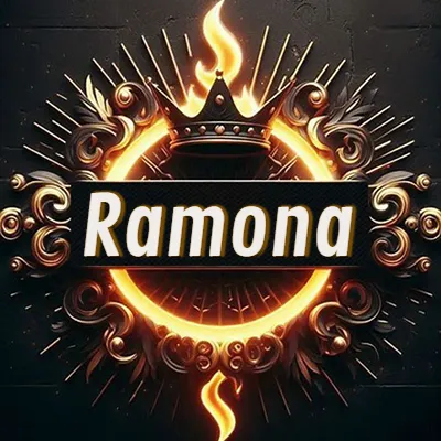 Diseño circular real con adornos dorados, llama de fuego detrás de una corona negra pequeña y nombre en blanco. - Ramona