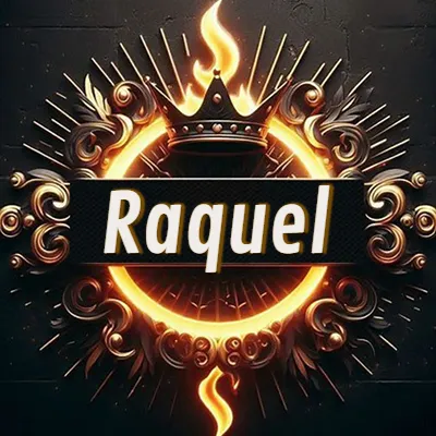 Diseño circular real con adornos dorados, llama de fuego detrás de una corona negra pequeña y nombre en blanco. - Raquel