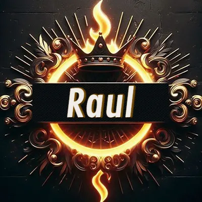 Diseño circular real con adornos dorados, llama de fuego detrás de una corona negra pequeña y nombre en blanco. - Raul