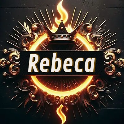 Diseño circular real con adornos dorados, llama de fuego detrás de una corona negra pequeña y nombre en blanco. - Rebeca