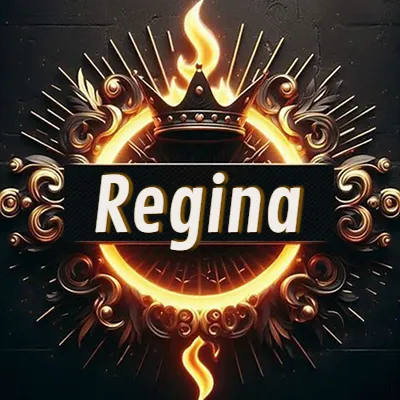 Diseño circular real con adornos dorados, llama de fuego detrás de una corona negra pequeña y nombre en blanco. - Regina