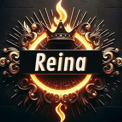 Diseño circular real con adornos dorados, llama de fuego detrás de una corona negra pequeña y nombre en blanco. - Reina