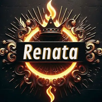 Diseño circular real con adornos dorados, llama de fuego detrás de una corona negra pequeña y nombre en blanco. - Renata