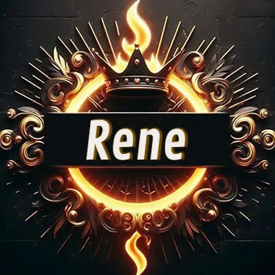 Diseño circular real con adornos dorados, llama de fuego detrás de una corona negra pequeña y nombre en blanco. - Rene