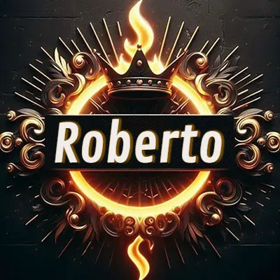 Diseño circular real con adornos dorados, llama de fuego detrás de una corona negra pequeña y nombre en blanco. - Roberto