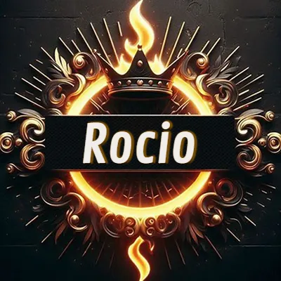 Diseño circular real con adornos dorados, llama de fuego detrás de una corona negra pequeña y nombre en blanco. - Rocio