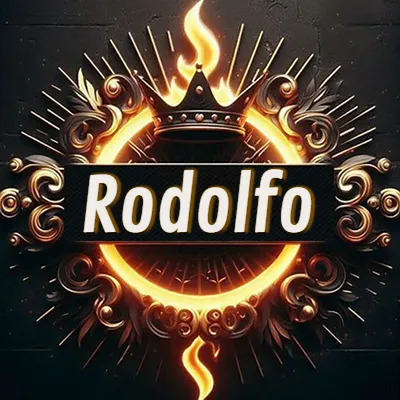 Diseño circular real con adornos dorados, llama de fuego detrás de una corona negra pequeña y nombre en blanco. - Rodolfo