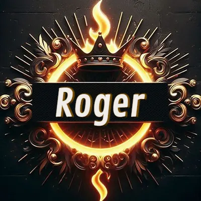 Diseño circular real con adornos dorados, llama de fuego detrás de una corona negra pequeña y nombre en blanco. - Roger