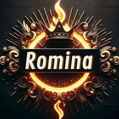 Diseño circular real con adornos dorados, llama de fuego detrás de una corona negra pequeña y nombre en blanco. - Romina