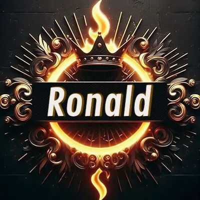 Diseño circular real con adornos dorados, llama de fuego detrás de una corona negra pequeña y nombre en blanco. - Ronald