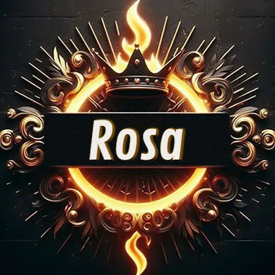 Panel artístico circular con una llama dorada y una corona negra en el centro, rodeado de ornamentos espirales dorados entrelazados que emanan una luz cálida sobre un fondo de muro de piedra oscura. El nombre Rosa está escrito en blanco destacado dentro de un rectángulo negro horizontal que cruza la mitad del diseño circular. Panel artístico circular con una llama dorada y una corona negra en el centro, rodeado de ornamentos espirales dorados entrelazados que emanan una luz cálida sobre un fondo de muro de piedra oscura. El nombre Rosa está escrito en blanco destacado dentro de un rectángulo negro horizontal que cruza la mitad del diseño circular.