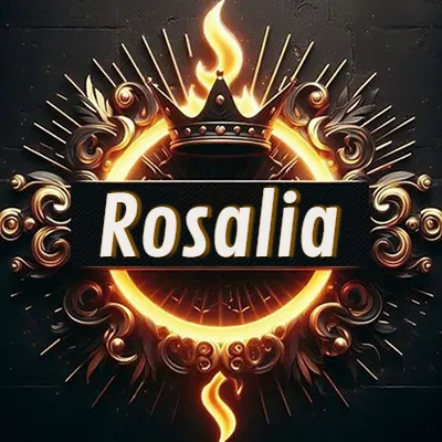 Diseño circular real con adornos dorados, llama de fuego detrás de una corona negra pequeña y nombre en blanco. - Rosalia