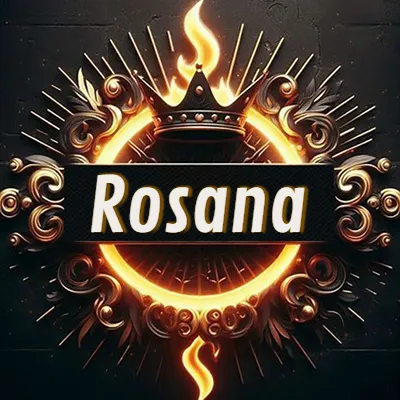 Diseño circular real con adornos dorados, llama de fuego detrás de una corona negra pequeña y nombre en blanco. - Rosana