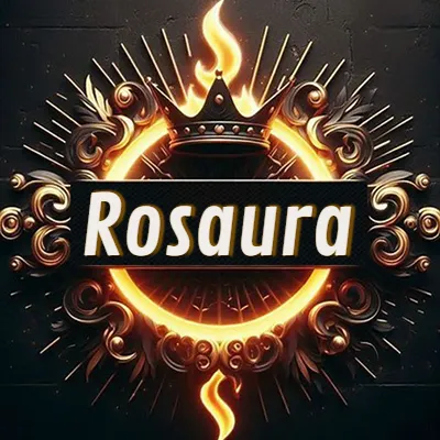 Diseño circular real con adornos dorados, llama de fuego detrás de una corona negra pequeña y nombre en blanco. - Rosaura