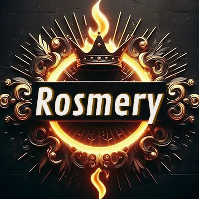 Diseño circular real con adornos dorados, llama de fuego detrás de una corona negra pequeña y nombre en blanco. - Rosmery