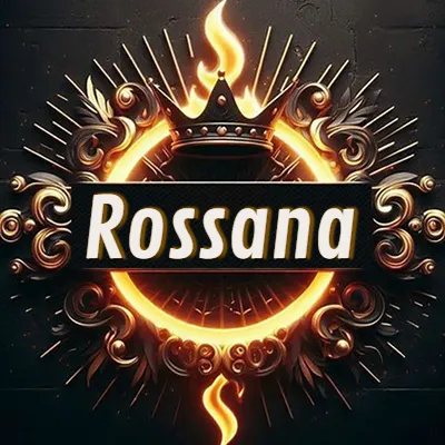 Diseño circular real con adornos dorados, llama de fuego detrás de una corona negra pequeña y nombre en blanco. - Rossana