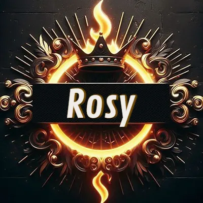 Diseño circular real con adornos dorados, llama de fuego detrás de una corona negra pequeña y nombre en blanco. - Rosy