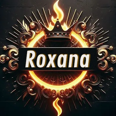 Diseño circular real con adornos dorados, llama de fuego detrás de una corona negra pequeña y nombre en blanco. - Roxana Diseño circular real con adornos dorados, llama de fuego detrás de una corona negra pequeña y nombre en blanco. - Roxana