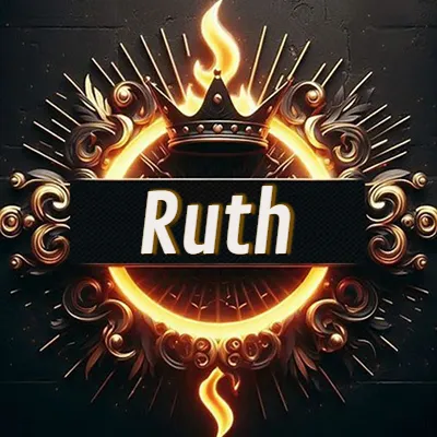 Diseño circular real con adornos dorados, llama de fuego detrás de una corona negra pequeña y nombre en blanco. - Ruth Diseño circular real con adornos dorados, llama de fuego detrás de una corona negra pequeña y nombre en blanco. - Ruth