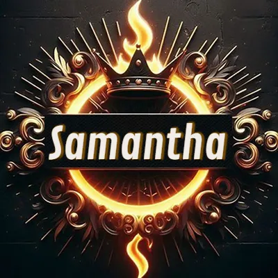 Diseño circular real con adornos dorados, llama de fuego detrás de una corona negra pequeña y nombre en blanco. - Samantha