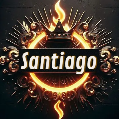 Diseño circular real con adornos dorados, llama de fuego detrás de una corona negra pequeña y nombre en blanco. - Santiago