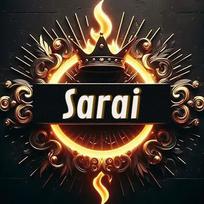 Diseño circular real con adornos dorados, llama de fuego detrás de una corona negra pequeña y nombre en blanco. - Sara Diseño circular real con adornos dorados, llama de fuego detrás de una corona negra pequeña y nombre en blanco. - Sara