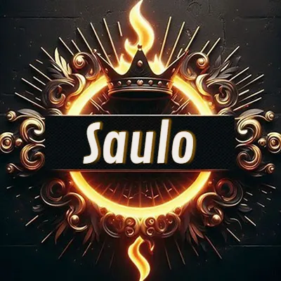 Diseño circular real con adornos dorados, llama de fuego detrás de una corona negra pequeña y nombre en blanco. - Saulo