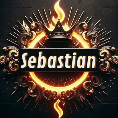 Diseño circular real con adornos dorados, llama de fuego detrás de una corona negra pequeña y nombre en blanco. - Sebastian