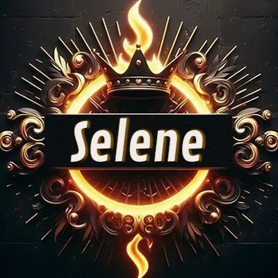 Diseño circular real con adornos dorados, llama de fuego detrás de una corona negra pequeña y nombre en blanco. - Selene Diseño circular real con adornos dorados, llama de fuego detrás de una corona negra pequeña y nombre en blanco. - Selene