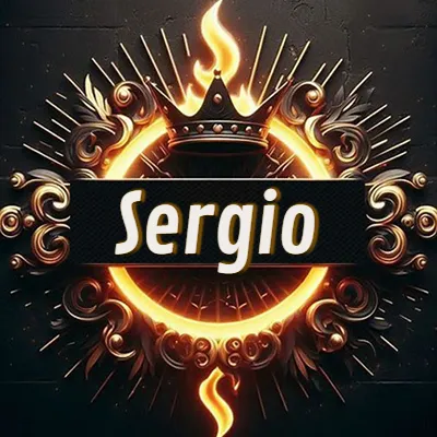 Diseño circular real con adornos dorados, llama de fuego detrás de una corona negra pequeña y nombre en blanco. - Sergio Diseño circular real con adornos dorados, llama de fuego detrás de una corona negra pequeña y nombre en blanco. - Sergio
