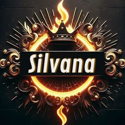 Diseño circular real con adornos dorados, llama de fuego detrás de una corona negra pequeña y nombre en blanco. - Silvana Diseño circular real con adornos dorados, llama de fuego detrás de una corona negra pequeña y nombre en blanco. - Silvana