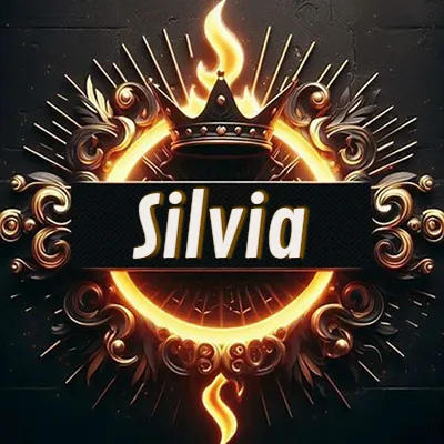 Diseño circular real con adornos dorados, llama de fuego detrás de una corona negra pequeña y nombre en blanco. - Silvia Diseño circular real con adornos dorados, llama de fuego detrás de una corona negra pequeña y nombre en blanco. - Silvia