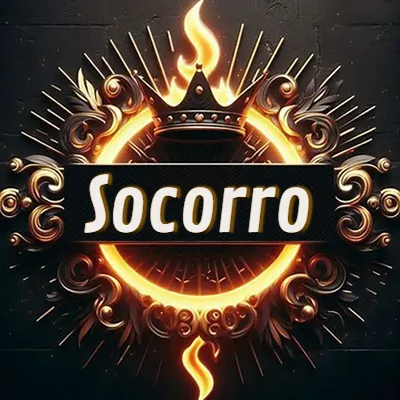 Diseño circular real con adornos dorados, llama de fuego detrás de una corona negra pequeña y nombre en blanco. - Socorro