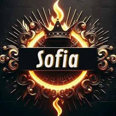 Diseño circular real con adornos dorados, llama de fuego detrás de una corona negra pequeña y nombre en blanco. - Sofia