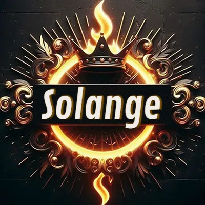 Diseño circular real con adornos dorados, llama de fuego detrás de una corona negra pequeña y nombre en blanco. - Solange