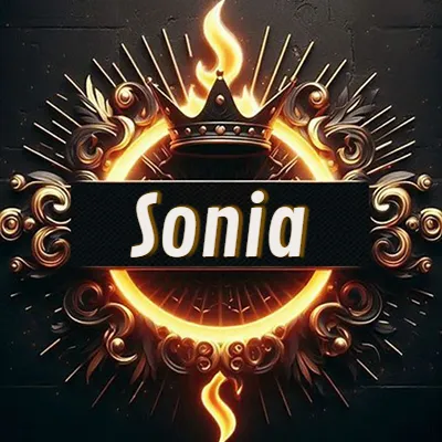 Diseño circular real con adornos dorados, llama de fuego detrás de una corona negra pequeña y nombre en blanco. - Sonia