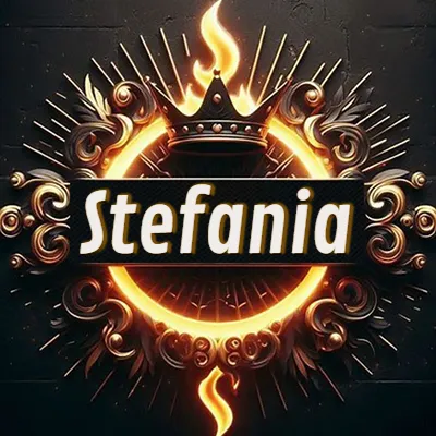 Diseño circular real con adornos dorados, llama de fuego detrás de una corona negra pequeña y nombre en blanco. - Stefania