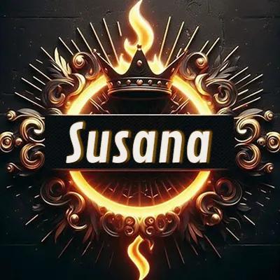 Diseño circular real con adornos dorados, llama de fuego detrás de una corona negra pequeña y nombre en blanco. - Susana