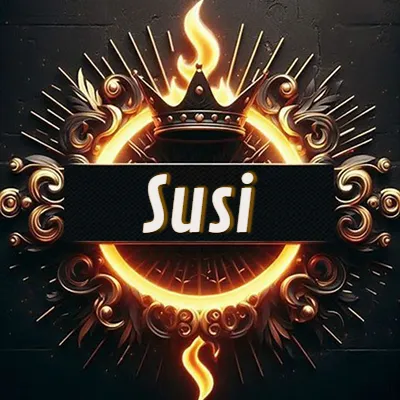 Diseño circular real con adornos dorados, llama de fuego detrás de una corona negra pequeña y nombre en blanco. - Susi