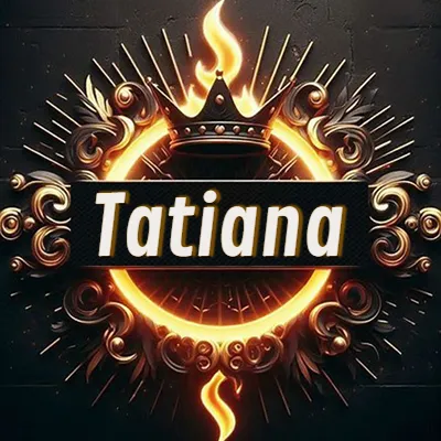 Diseño circular real con adornos dorados, llama de fuego detrás de una corona negra pequeña y nombre en blanco. - Tatiana