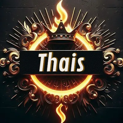 Diseño circular real con adornos dorados, llama de fuego detrás de una corona negra pequeña y nombre en blanco. - Thais Diseño circular real con adornos dorados, llama de fuego detrás de una corona negra pequeña y nombre en blanco. - Thais