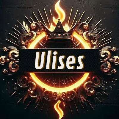 Diseño circular real con adornos dorados, llama de fuego detrás de una corona negra pequeña y nombre en blanco. - Ulises