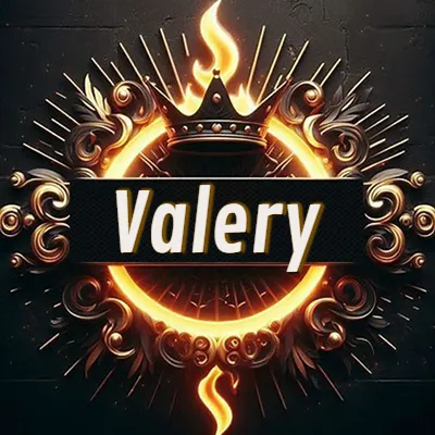 Diseño circular real con adornos dorados, llama de fuego detrás de una corona negra pequeña y nombre en blanco. - Valery