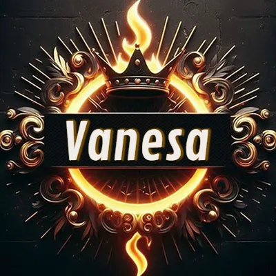 Diseño circular real con adornos dorados, llama de fuego detrás de una corona negra pequeña y nombre en blanco. - Vanesa